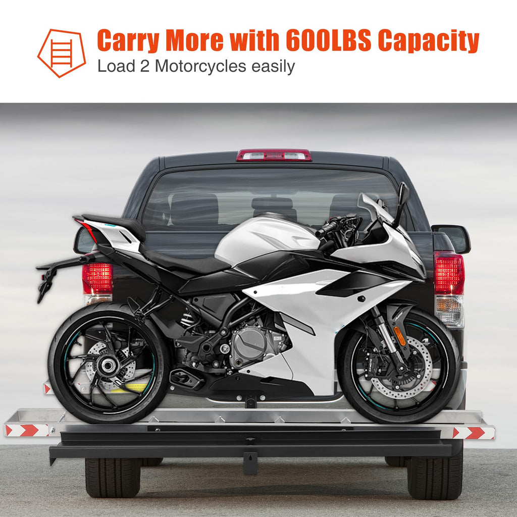 Garvee Double Motorcycle Carrier, 600 Lbs Aluminum Motorcycle Hitch Carrier with 59 Inch Long Detachable Load Ramp, Heavy Duty Hitch-Mounted Dirt Bike Rack with Tie-Down Strap for Car, Truck