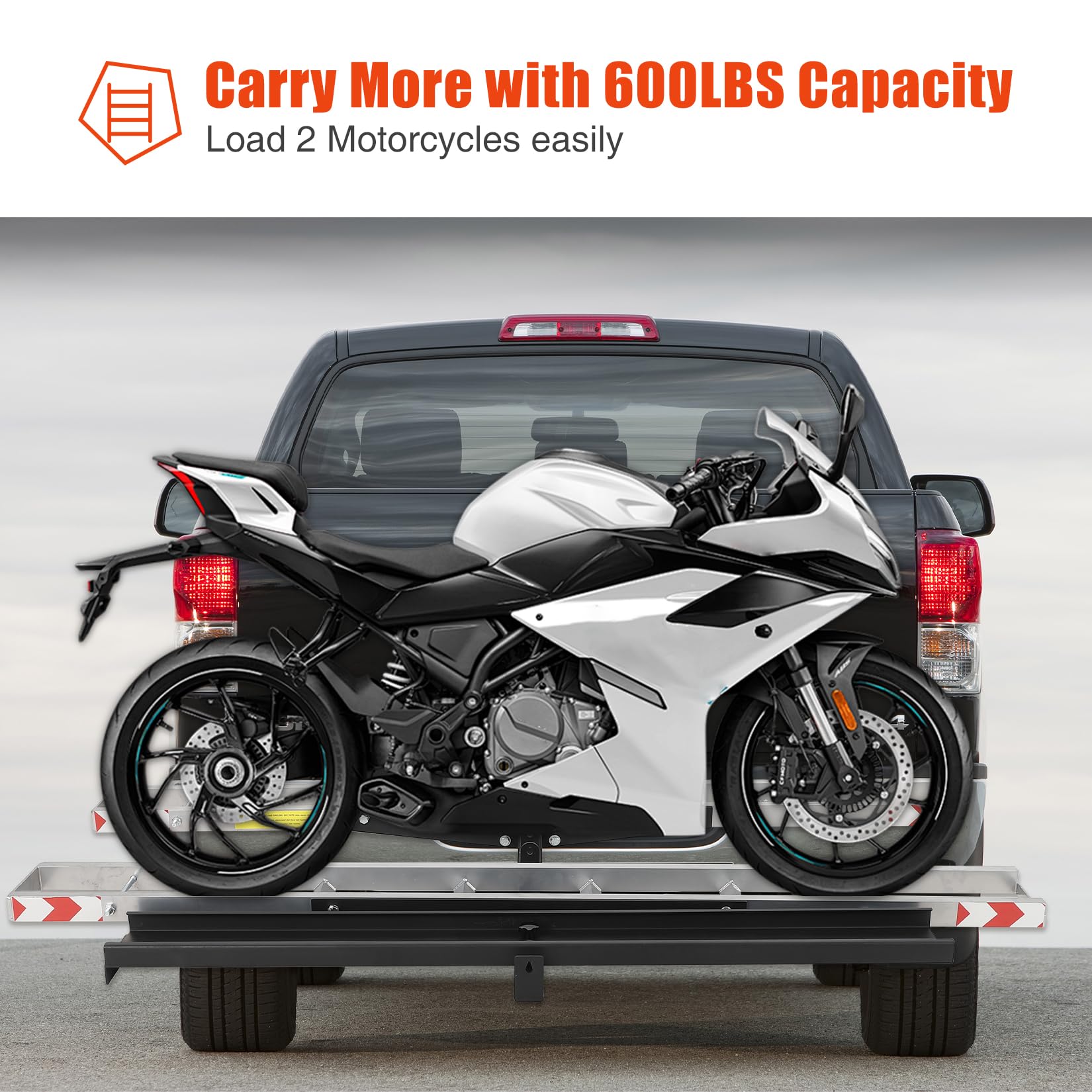 Garvee Double Motorcycle Carrier, 600 Lbs Aluminum Motorcycle Hitch Carrier with 59 Inch Long Detachable Load Ramp, Heavy Duty Hitch-Mounted Dirt Bike Rack with Tie-Down Strap for Car, Truck