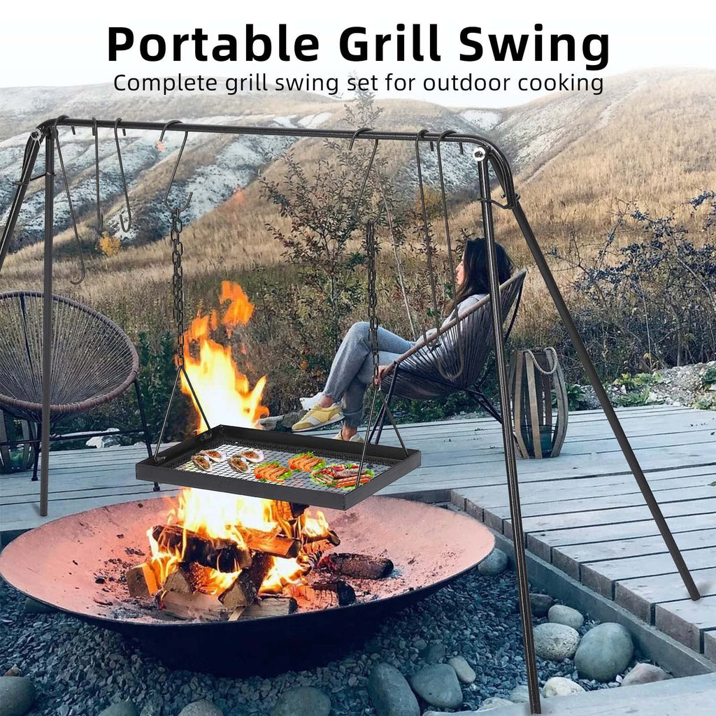 Garvee Campfire Swing Grill with Adjustable Rack for BBQ & Picnic - with 7 Hooks