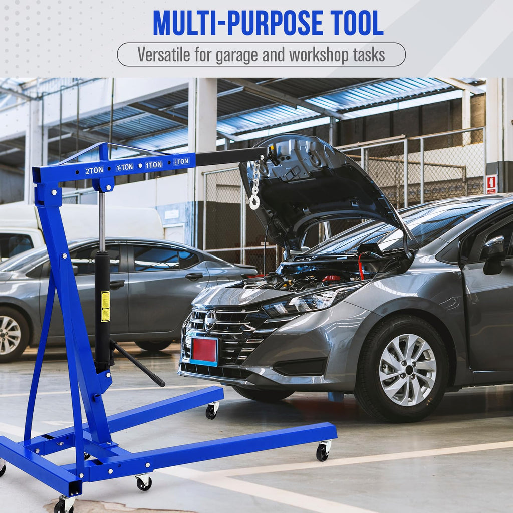 Garvee Engine Hoist Cherry Picker 2 Ton Hydraulic Shop Crane Blue, Collapsible Frame, 360° Swivel Casters, Adjustable Boom, Heavy-Duty Lifting