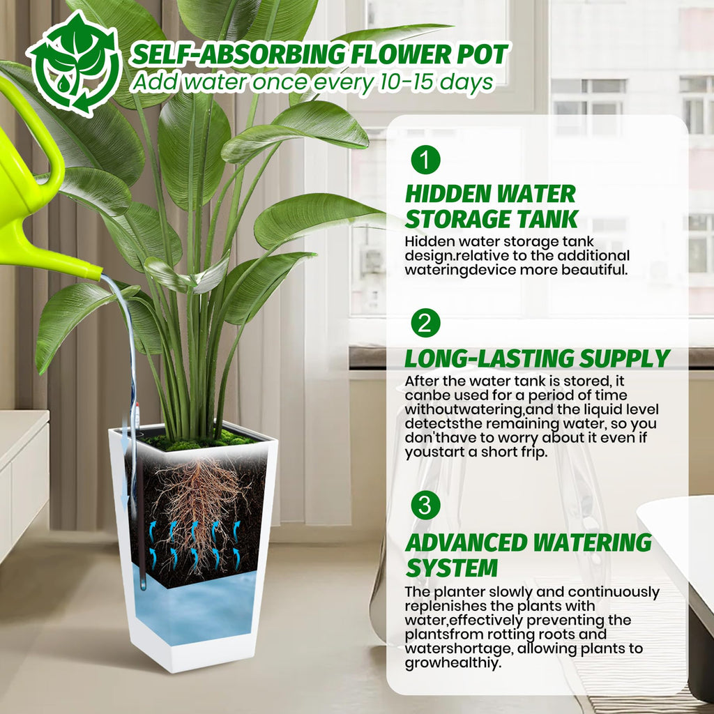 Garvee 16 Inch Tall Rectangular Planters Set of 2 Large Modern Plant Pots with Drainage Holes＆Water Level Monitor＆Wheels Outdoor and Indoor for Patio, Porch, Living Room, or Home Office, White