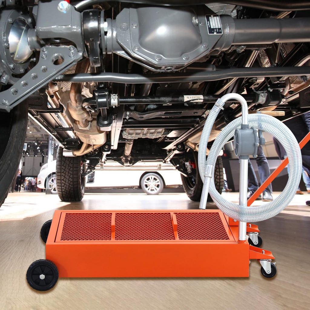 Garvee 20 Gallon Hand Pum Low Profile Portable Oil Drain Pan,with T-Handle,for Car,Suvs with Hose,Casters - Orange