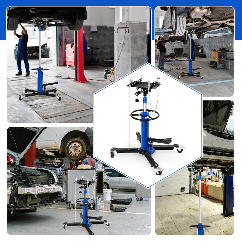 Garvee Heavy-Duty 1332 lbs Hydraulic Transmission Jack - Low Profile Telescoping Lift (34 to 68 Inches) with 360° Swivel Casters for Auto Repair Shops and Garage Vehicle Maintenance, Blue