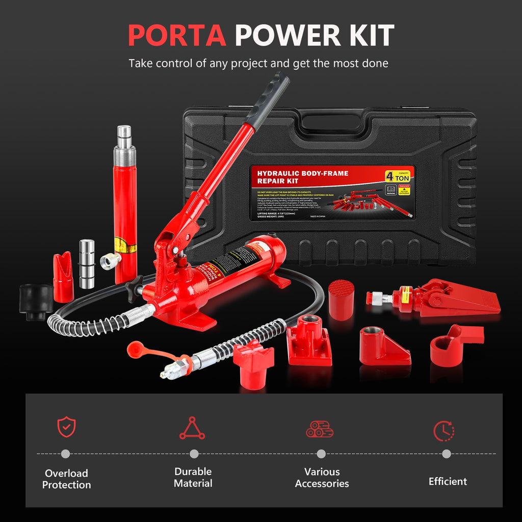 Garvee 4 Ton Hydraulic Porta Power Jack Kit - 8000lbs Heavy-Duty Car Lift with 17-Piece Accessory Set, 1.25M Hose, and Carrying Case for Auto Repair, Frame Straightening, and Equipment Maintenance