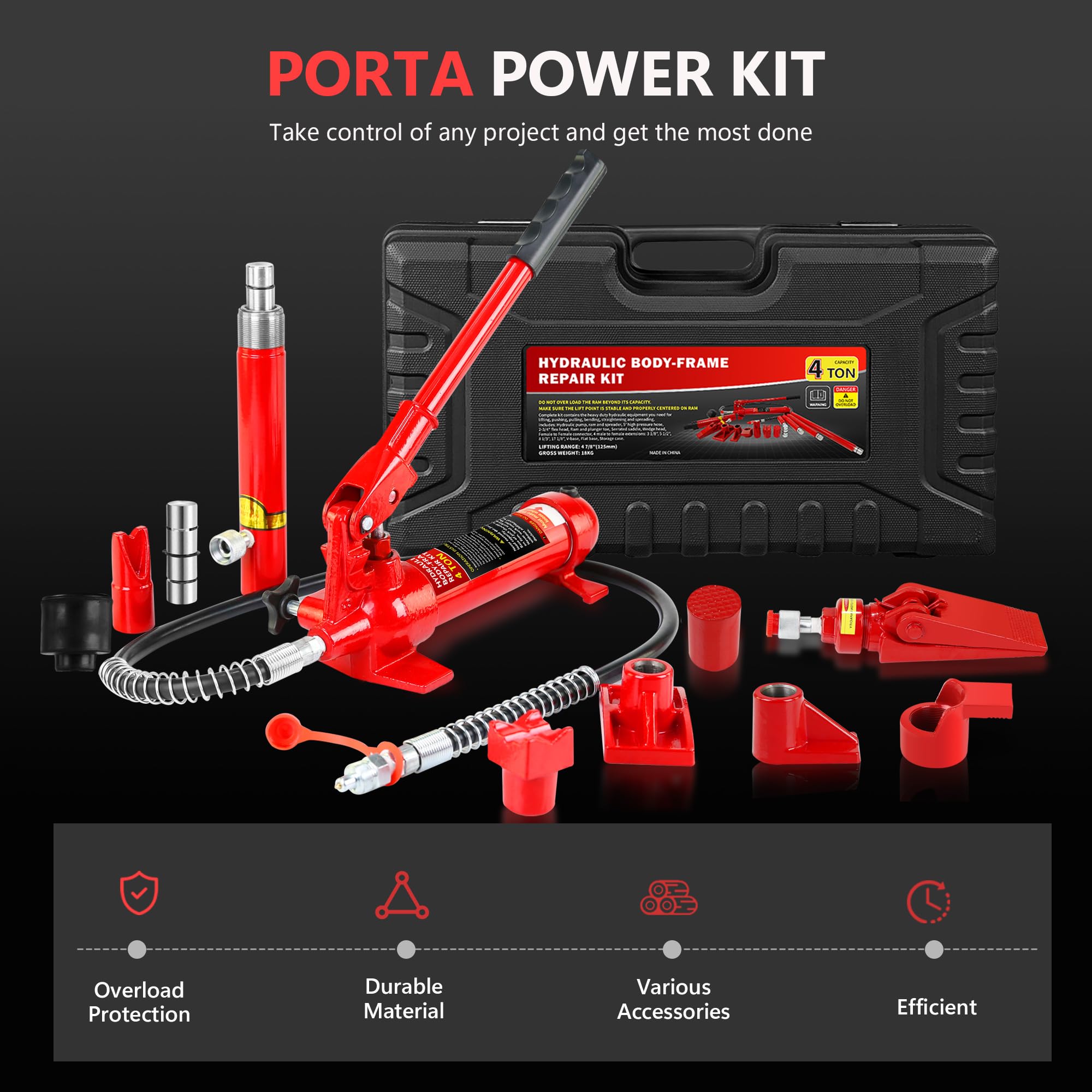 Garvee 4 Ton Hydraulic Porta Power Jack Kit - 8000lbs Heavy-Duty Car Lift with 17-Piece Accessory Set, 1.25M Hose, and Carrying Case for Auto Repair, Frame Straightening, and Equipment Maintenance