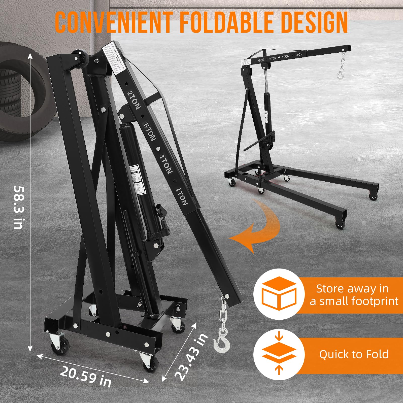 Garvee 2-Ton (4400 lbs) Cherry Picker Engine Hoist - Folding  Heavy-Duty Hydraulic Shop Crane, Black