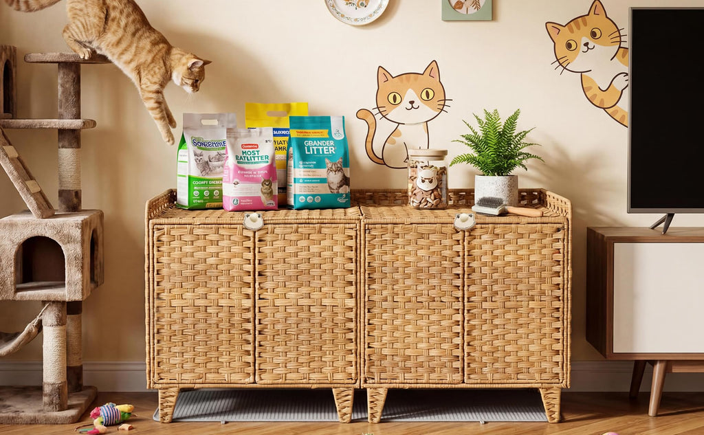 Garvee Cat Litter Box Enclosure Furniture Handwoven Rattan Hidden Washroom Large Space Natural for Living Room Bedroom
