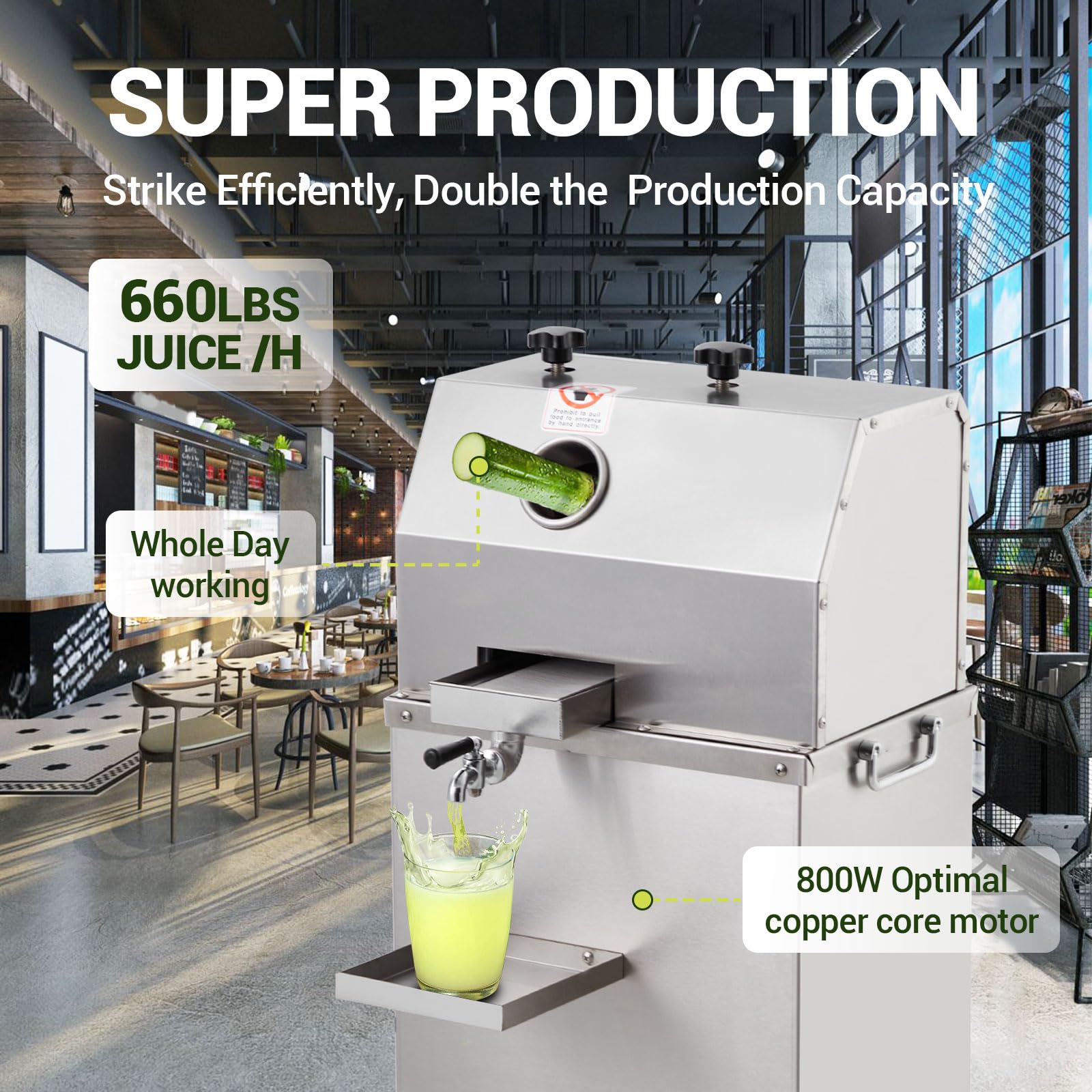 Garvee Sugarcane Juicer, 800W Sugarcane Juicer with 3 Stainless Steel Drums, 2.4-inch Large Inlet, Wheeled Sugarcane Juicer, 661LBS/H, Suitable for Home/Commercial Use