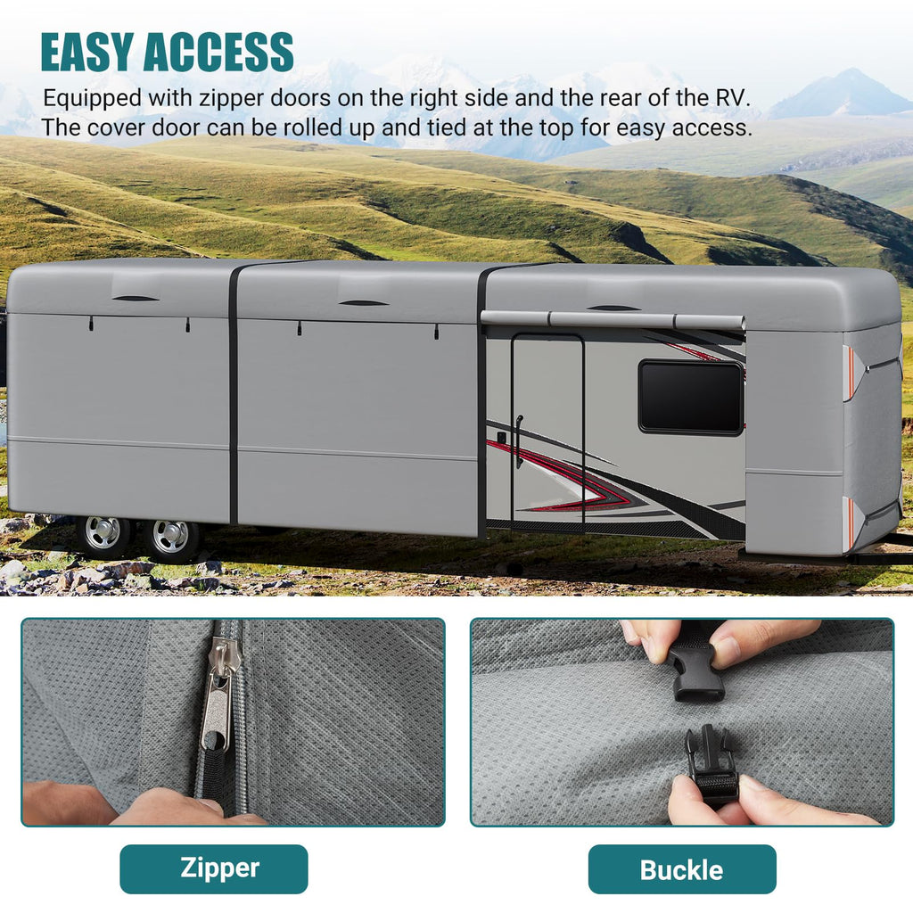 Garvee RV Cover, 24’-27’ Heavy Duty RV Travel Trailer Cover, Windproof Waterproof 4 Layers Non-Woven Fabrics Top Cover with Adhesive Repair Patches, Reflective Strips, Rich Accessories, Grey