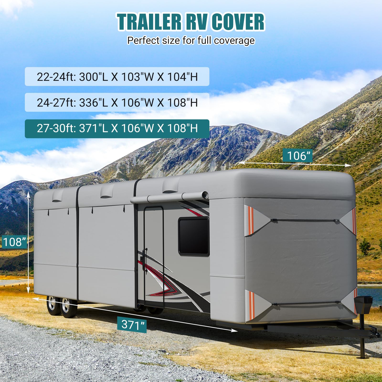 Garvee RV Cover, 27’-30’ Heavy Duty RV Travel Trailer Cover, Windproof Waterproof 4 Layers Non-Woven Fabrics Top Cover with Adhesive Repair Patches, Reflective Strips, Rich Accessories, Grey