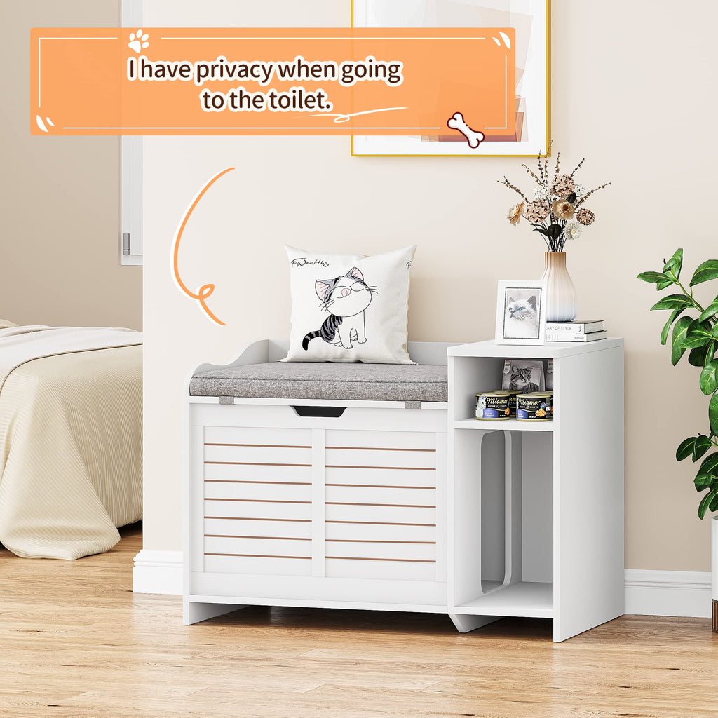 Garvee Cat Litter Box Enclosure with Cushion, Hidden Cat Litter Box Furniture, Cat Litter Box Furniture with Top Opening, Flip Top Litter Box Enclosure Cat House, White