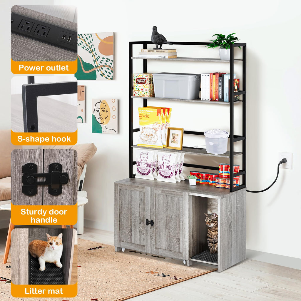 Garvee Cat Litter Box Enclosure, Hidden Cat Litter Box Furniture, Large Double Door Cat House with 3 Shelves and Charging Station, Push-Pull Mobile Chassis - Grey