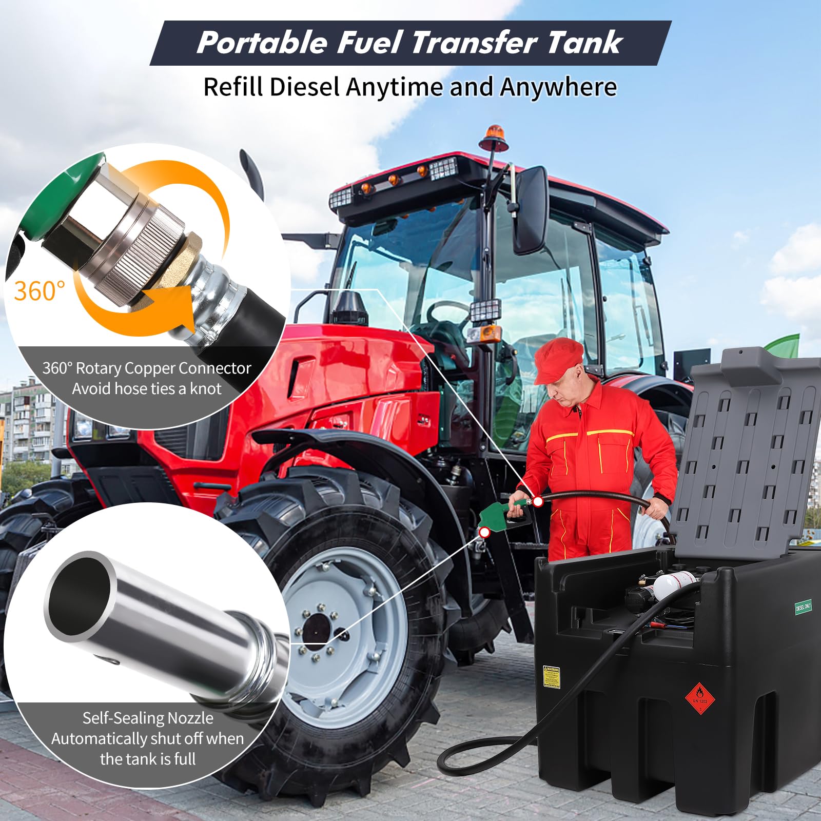Garvee Portable Diesel Tank, 106 Gallon Fuel Tank with 12V Electric Fuel Transfer Pump, 10 GPM Diesel Transfer Tank with Auto Fueling Nozzle & 360 Swivel Connector with 13.1ft Hose - Black