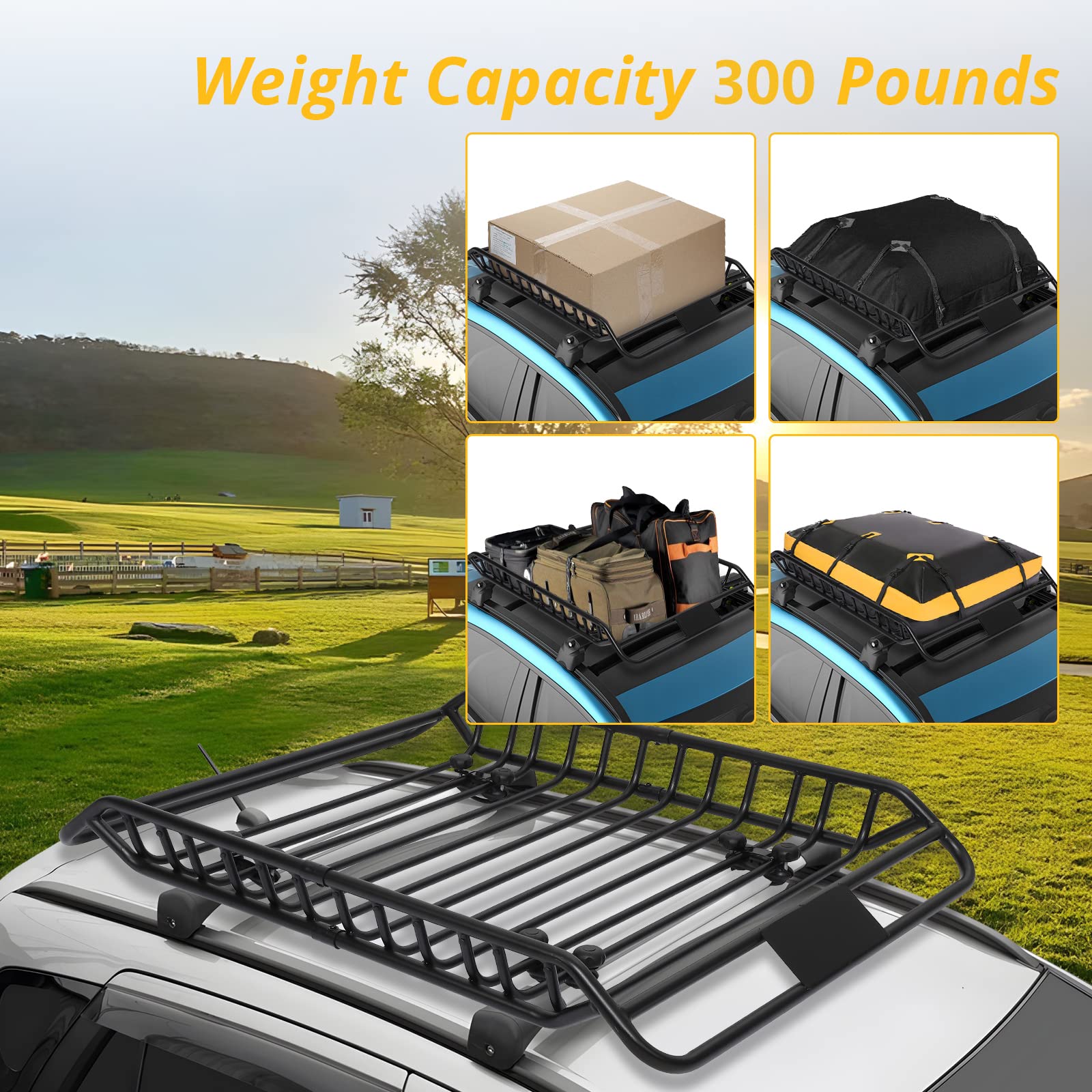 Garvee 63x43 Inch Car Roof Rack Basket 300LBS Heavy Duty Steel Cargo Basket Universal Rooftop Cargo Carrier with Extension for SUV, Pick Up,Trucks,Car