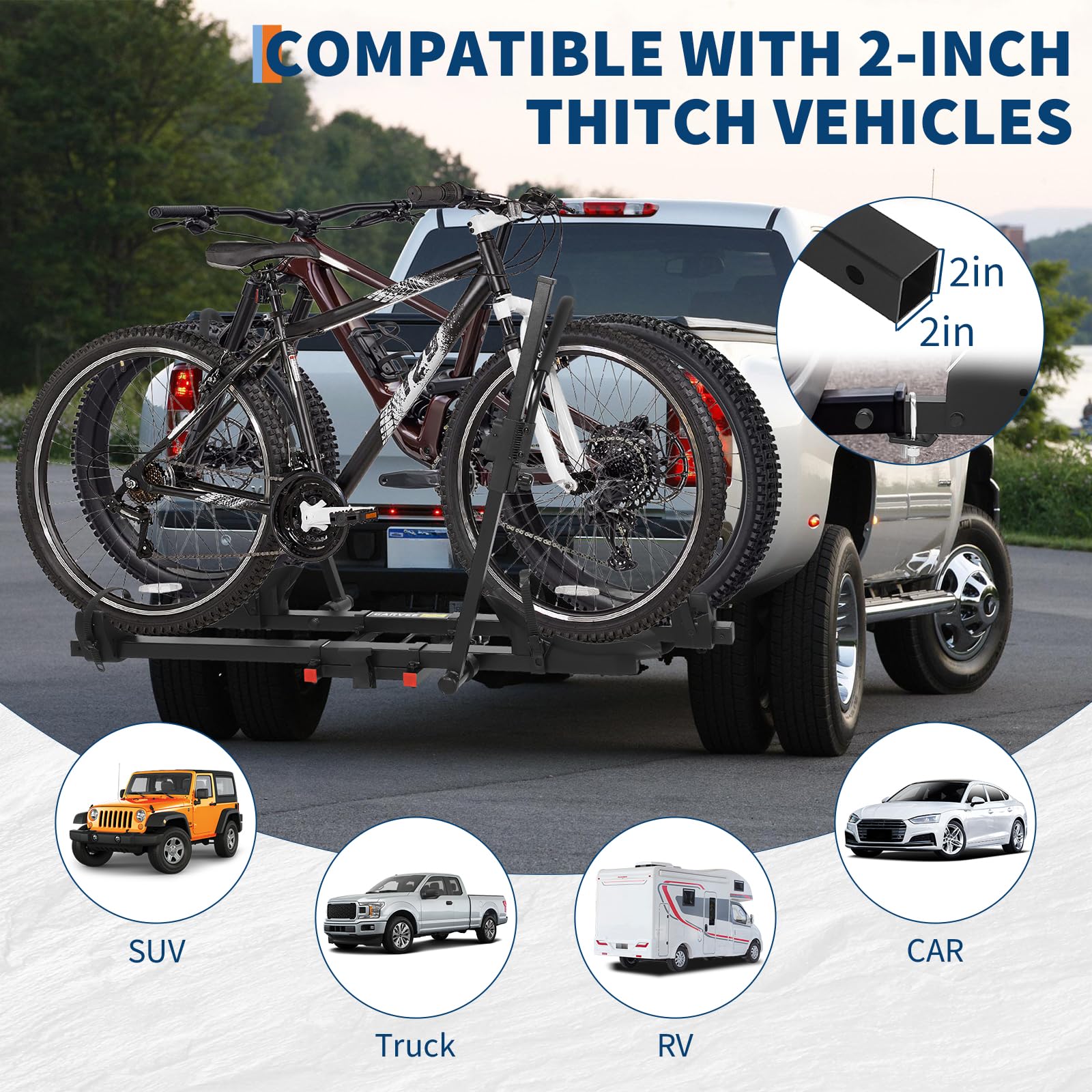 Garvee Hitch Mount Bike Rack for Ebikes - 2 Bike E-Bike Rack with Tilt & Fold, 200lbs Capacity, Fits 2" Receiver & Up to 5" Fat Tires for Cars, SUVs, Trucks, RVs