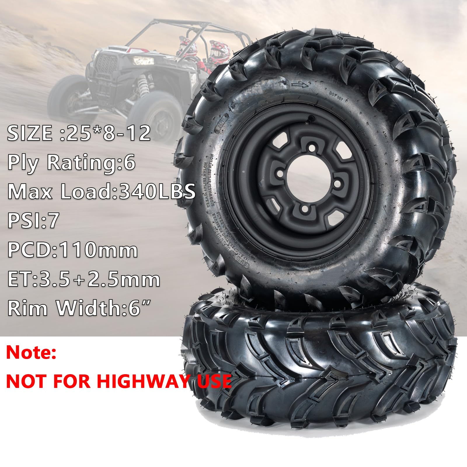Garvee Set Of 2 25x8-12 ATV Tires With 6PR UTV Tires And 12" Steel Wheel Rim 4 Bolt For Off-Road Mud Sand Terrain, All-Season, Black