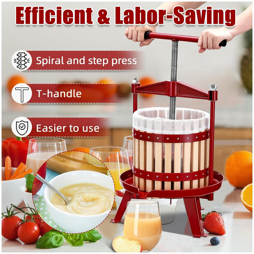 Garvee Fruit Wine Press 4.75 Gal/18L, Wood Steel Fruit Wine Press with 1 Pack Filter Bag, Traditional Juicer Manual T-Handle Fruit Press, Triangular Structure, Juicer Grinder Making Press for Outdoor Kitchen