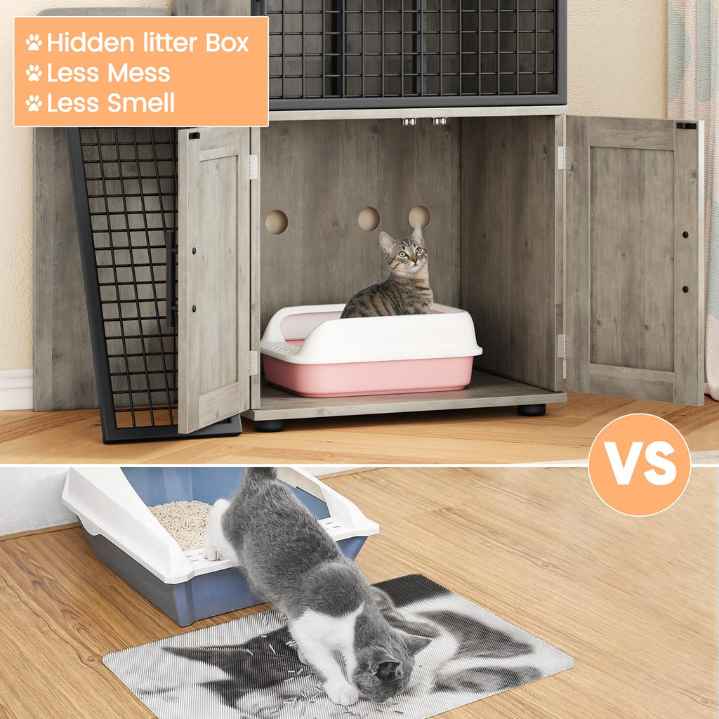 Garvee Modern Villa Cat Litter Box Enclosure with Platform, Double Layer, MDF Panel, Ladder, Hidden Washroom, 33.5"L x 17.9"W x 41.9"H, Light Grey, Indoor Use