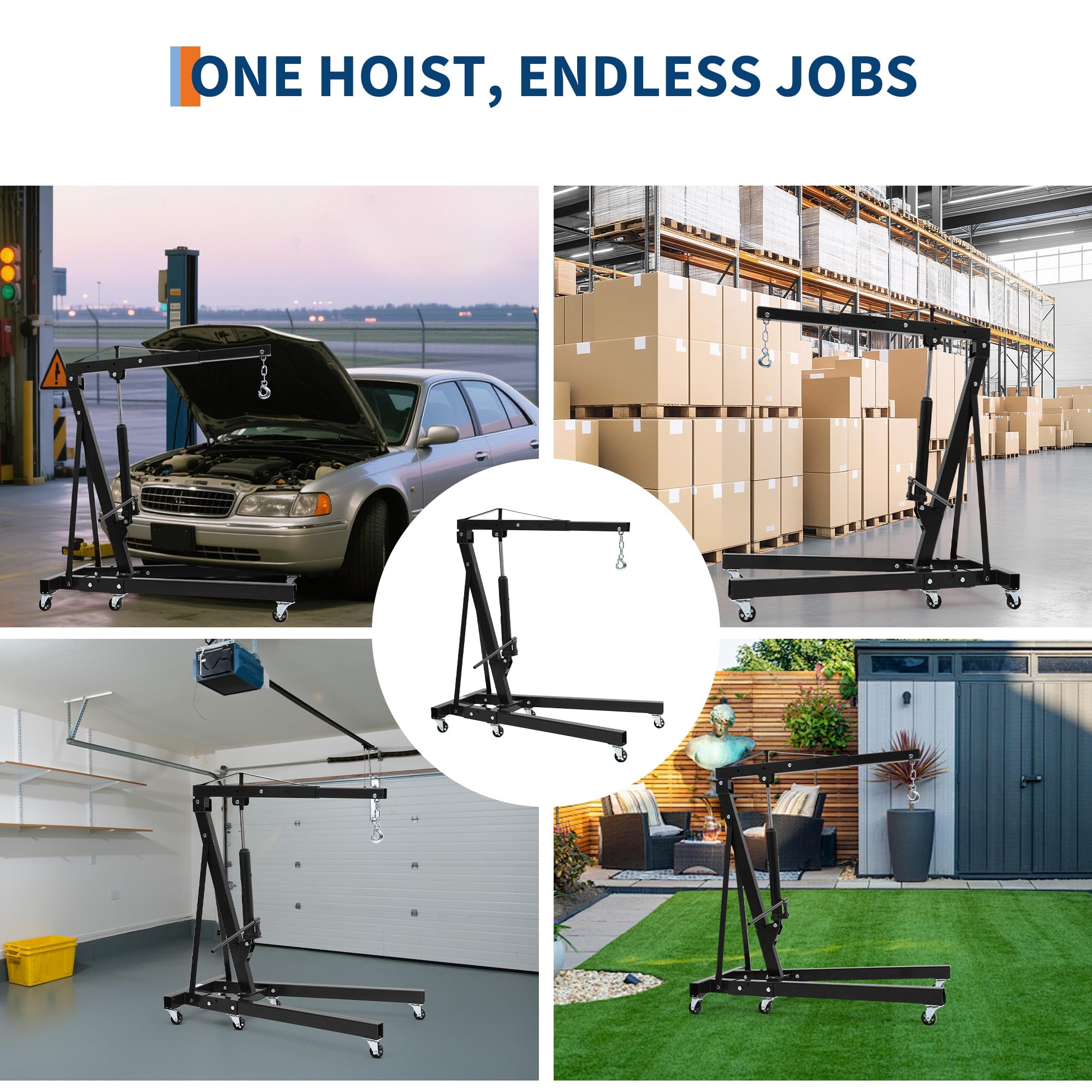 Garvee Engine Hoist Cherry Picker 2 Ton Folding Hydraulic Shop Crane Adjustable Boom Black 6 Casters