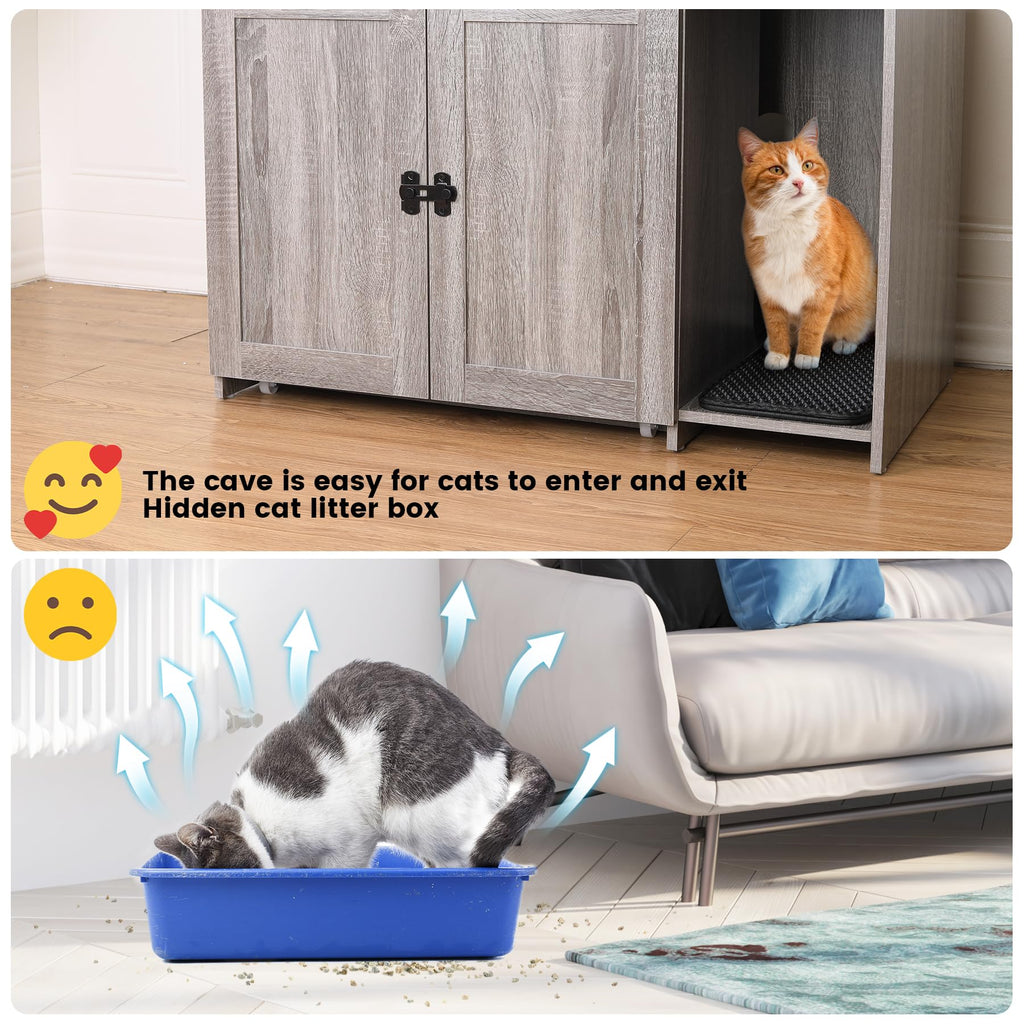 Garvee Cat Litter Box Enclosure, Hidden Cat Litter Box Furniture, Large Double Door Cat House with 3 Shelves and Charging Station, Push-Pull Mobile Chassis - Grey