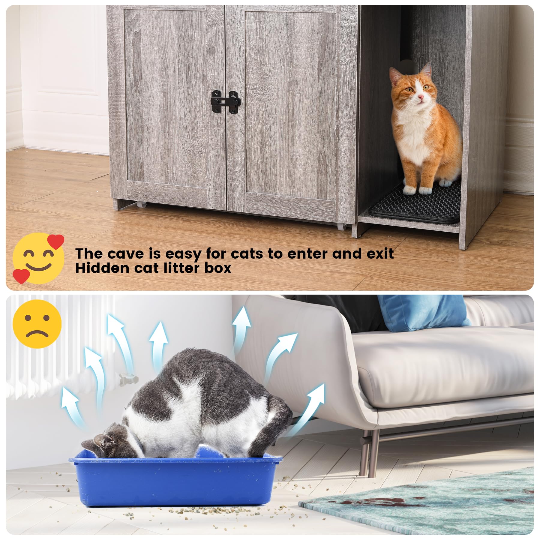 Garvee Cat Litter Box Enclosure, Hidden Cat Litter Box Furniture, Large Double Door Cat House with 3 Shelves and Charging Station, Push-Pull Mobile Chassis - Grey