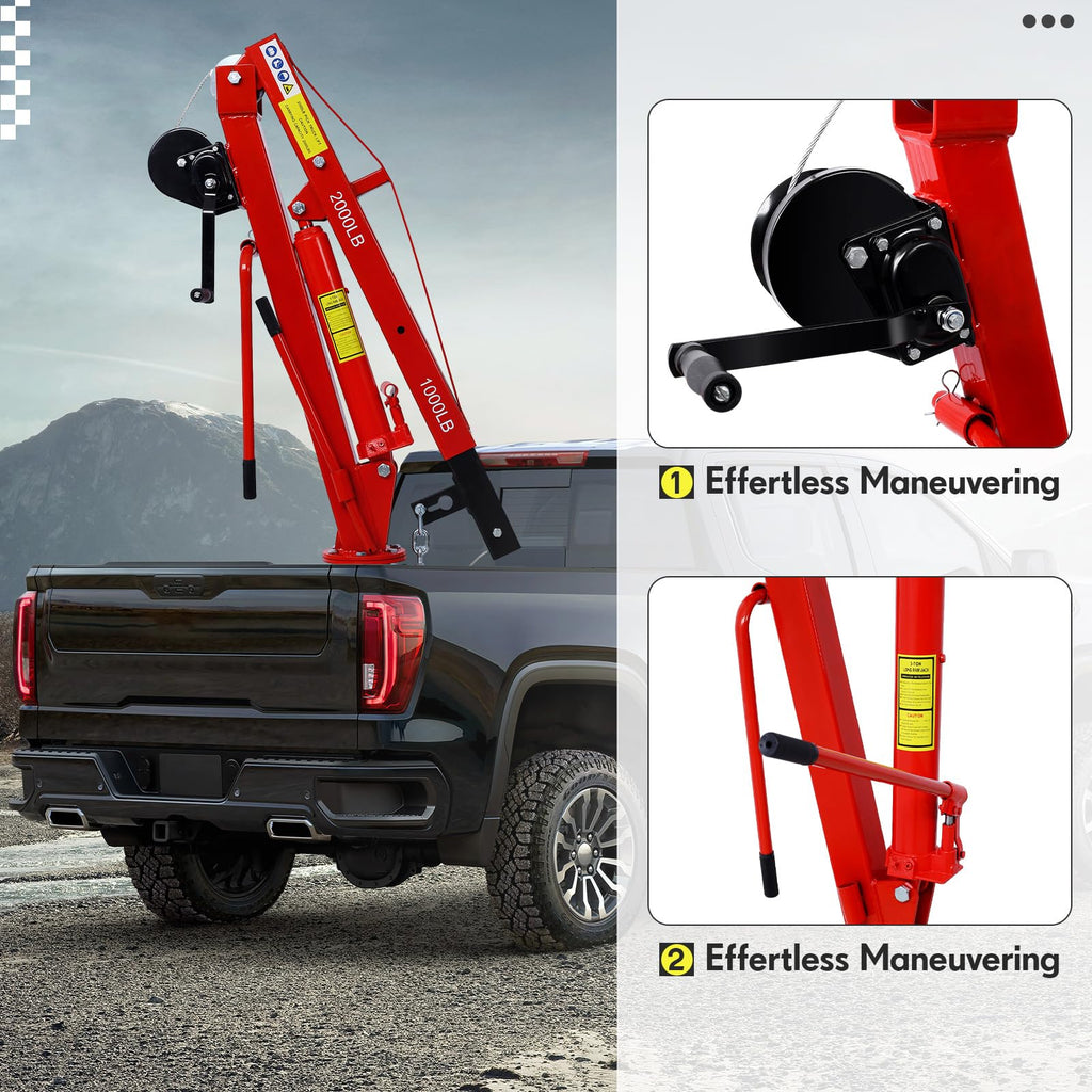 Garvee Pickup Truck Crane with Hand Winch, 2000 LBS Capacity, 360° Swivel, Folding Electric Winch, Red, Construction & Forestry Use