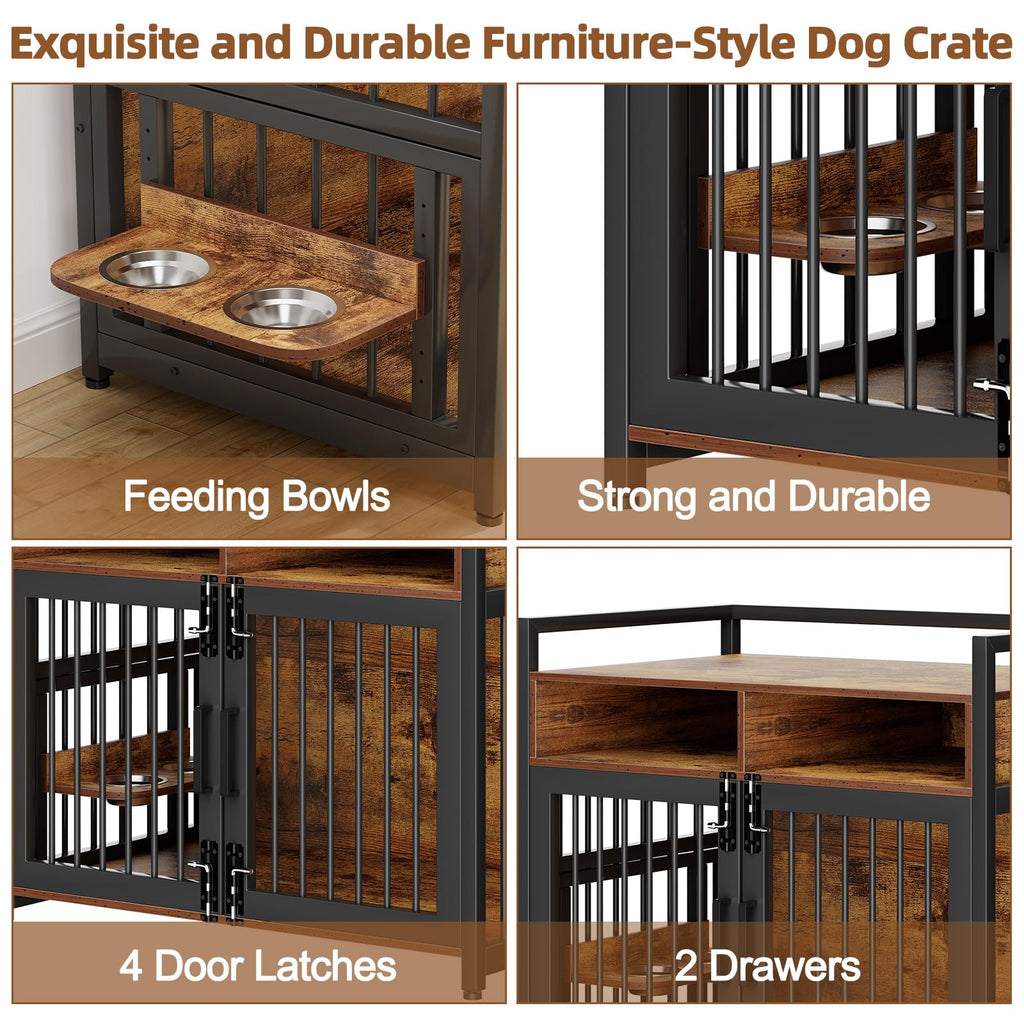 Garvee Dog Crate Furniture With 2 Drawers, Wooden Dog Kennel Indoor, Adjustable 360° Stainless Steel Feeder, Rustic Brown, Small Medium Dogs