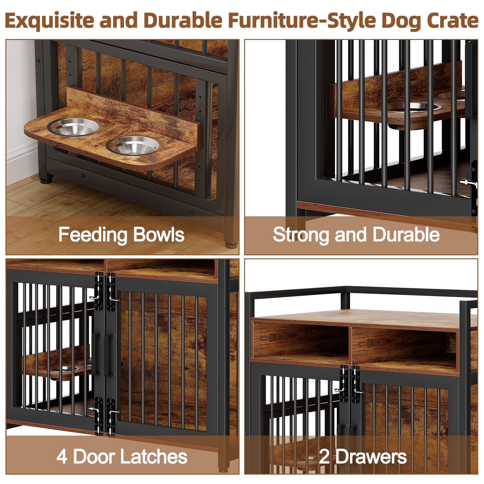 Garvee Dog Crate Furniture With 2 Drawers, Wooden Dog Kennel Indoor, Adjustable 360° Stainless Steel Feeder, Rustic Brown, Small Medium Dogs