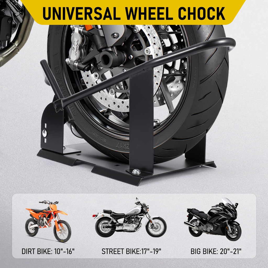 Garvee Heavy Duty Motorcycle Wheel Chock Stand Adjustable Front Tire Holder for 15-21 Inch Wheels Steel Black for Garage Trailer Truck