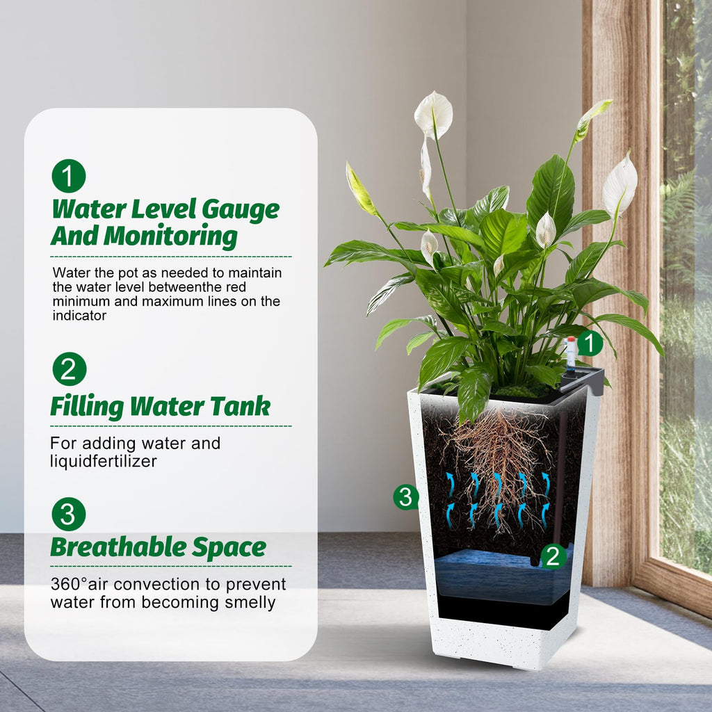 Garvee 21.6" Tall Rectangular Planters Set of 2 Large Modern Plant Pots with Drainage Holes＆Water Level Monitor＆Wheels Outdoor and Indoor for Patio, Porch, Living Room, or Home Office,White and Black Dots