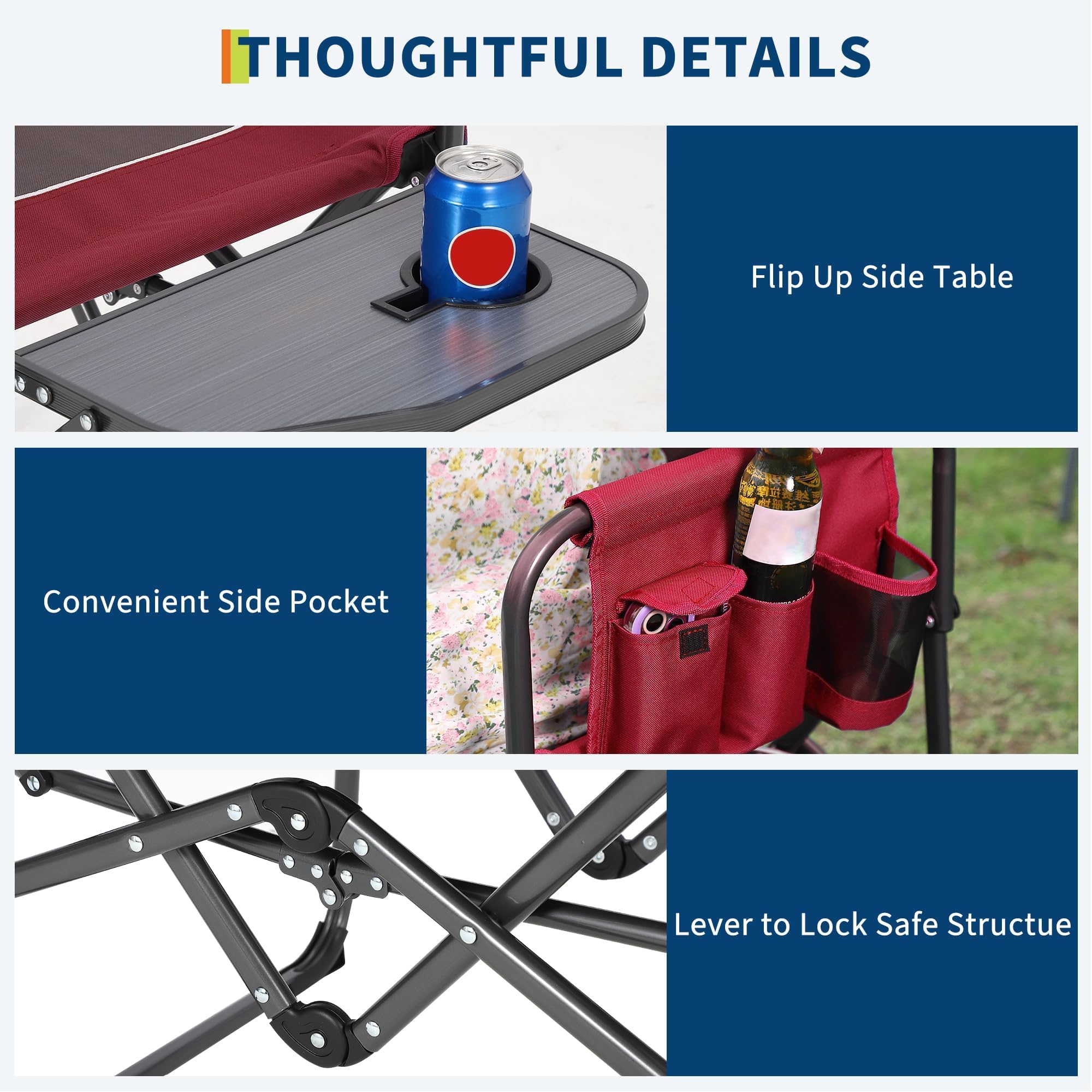 Garvee Oversized Directors Camping Chair with Side Table, Heavy Duty Portable Folding Chair for Adults, Supports 400 lbs, Red, 2 PCS