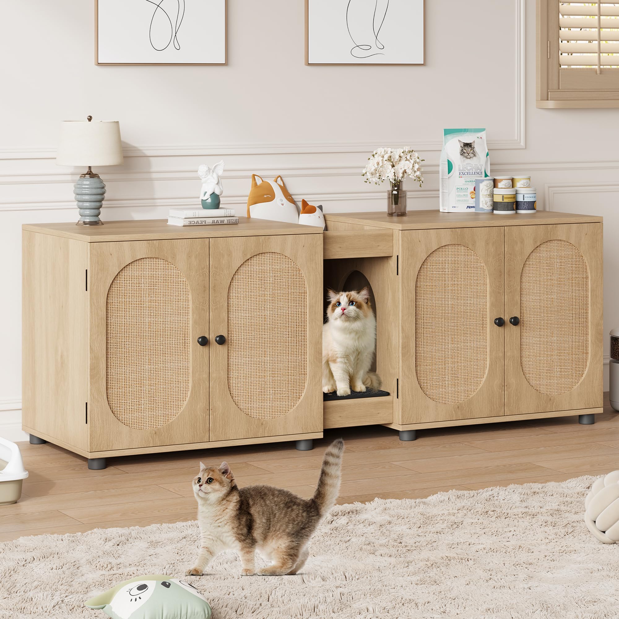 Garvee Cat Litter Box Enclosure 55.1" Double Litter Box Furniture Large Cat Box Enclosure Kitty Litter Box for 2 Cats Hidden Cat Litter Cabinet Double Cage with Cat Litter pad Rattan Door