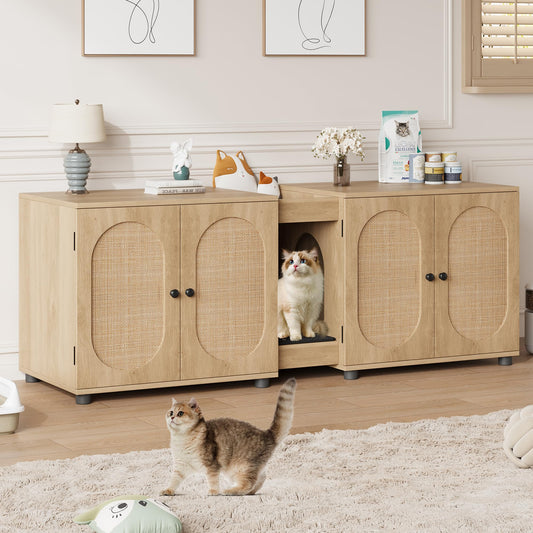 Garvee Cat Litter Box Enclosure 55.1" Double Litter Box Furniture Large Cat Box Enclosure Kitty Litter Box for 2 Cats Hidden Cat Litter Cabinet Double Cage with Cat Litter pad Rattan Door