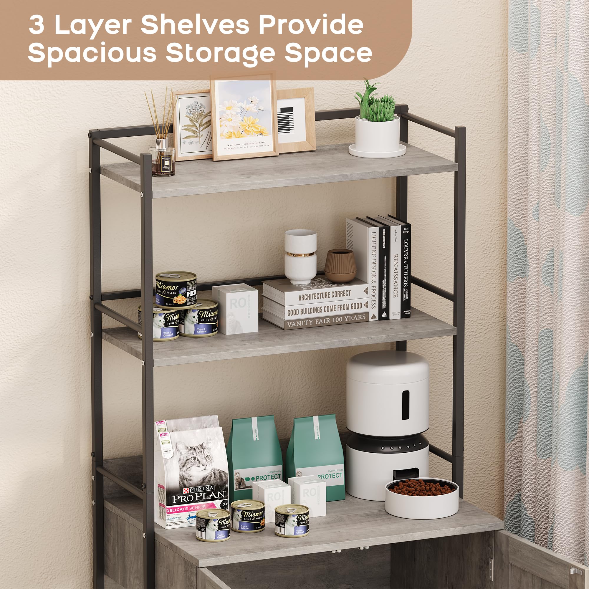 Garvee Cat Litter Box Enclosure + Shelf Storage, 2-in-1 Hidden Cat Washroom Furniture, MDF Panel, Grey, Indoor Use
