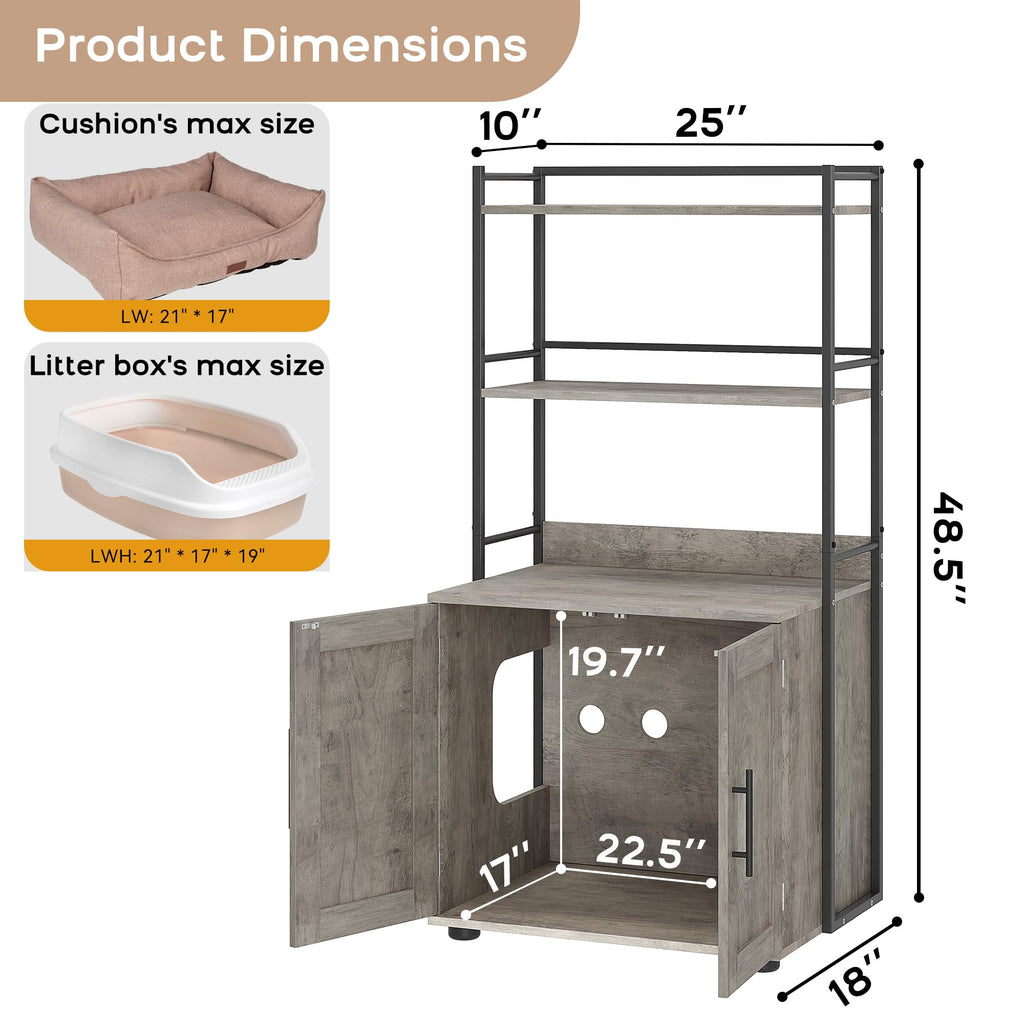 Garvee Cat Litter Box Enclosure + Shelf Storage, 2-in-1 Hidden Cat Washroom Furniture, MDF Panel, Grey, Indoor Use
