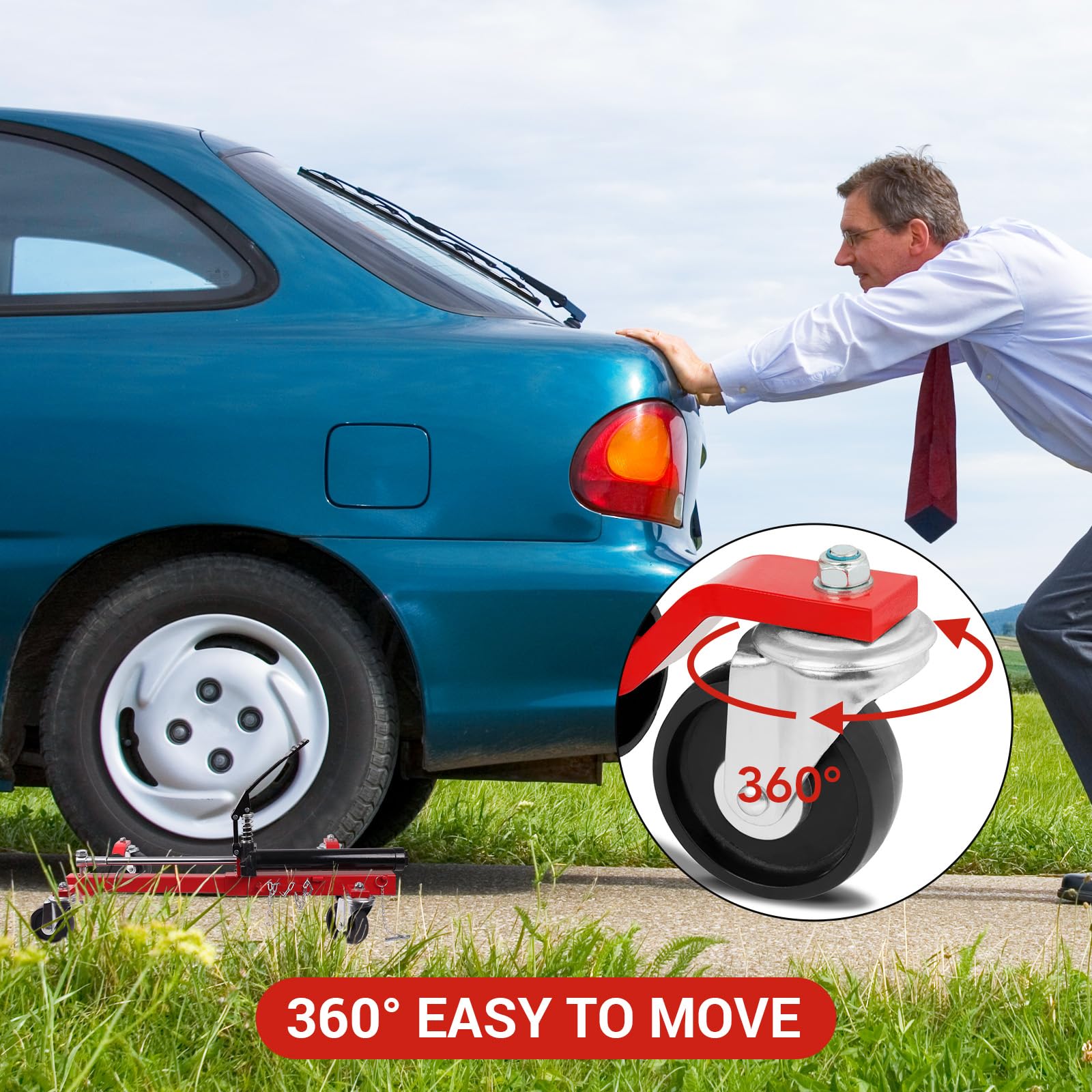 Garvee Car Wheel Dolly Set With Hydraulic Tire Jack For Truck RV Trailer, 1500 LBS Capacity, Red