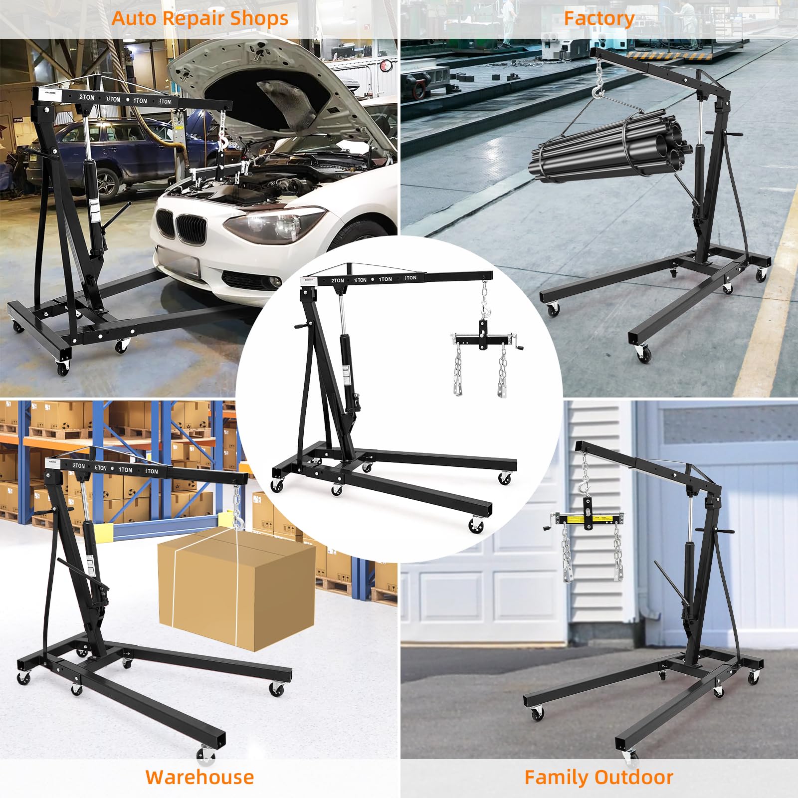 Garvee 2T Engine Hoist with Lever - 4400 lbs Heavy-Duty Folding Cherry Picker Hydraulic Tilting Shop Crane with 6 Iron Caster Wheels, Telescopic Boom, and Hitch, Black