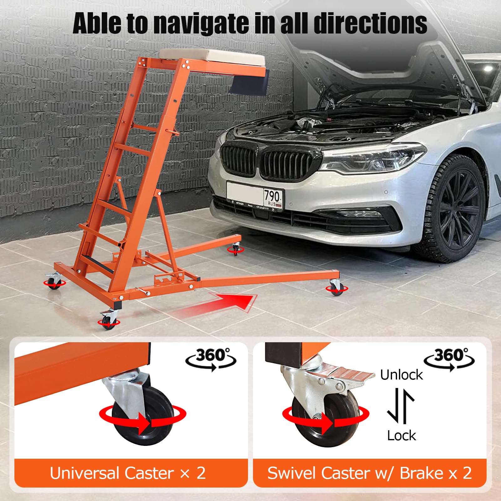Garvee Automotive Top Creeper, 48"- 66" Adjustable Height, 3 Types of Angle Adjustable Top Automotive Creeper, 400 LBS Capacity Engine Creeper for Home Garage, Workshop Repair Maintenance, Orange