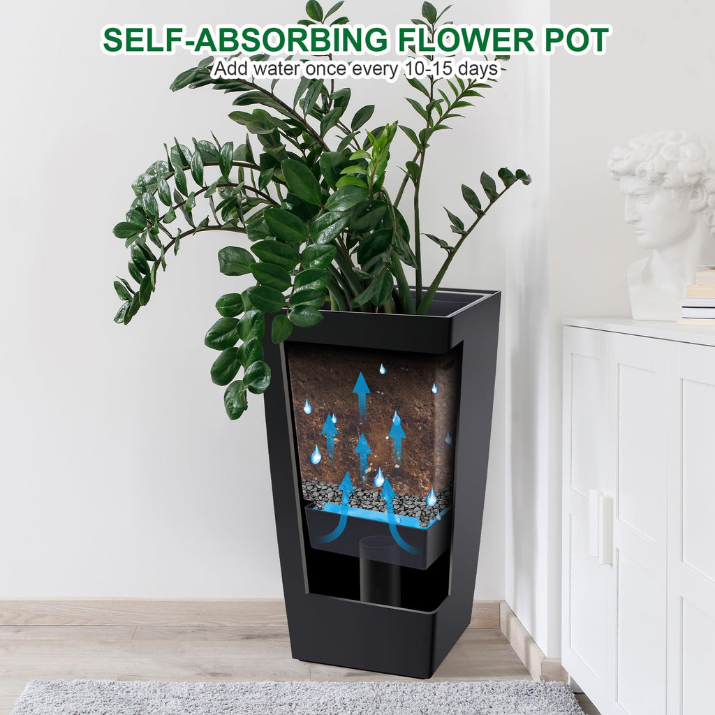 Garvee 30" Tall Planters Set of 2 - Heavy Duty Indoor/Outdoor Pots with Drainage Holes, Water Level Monitor & Automatic Watering, Black