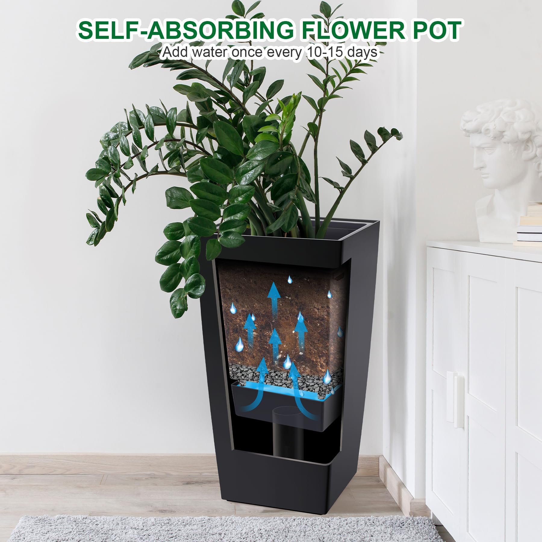 Garvee 30" Tall Planters Set of 2 - Heavy Duty Indoor/Outdoor Pots with Drainage Holes, Water Level Monitor & Automatic Watering, Black