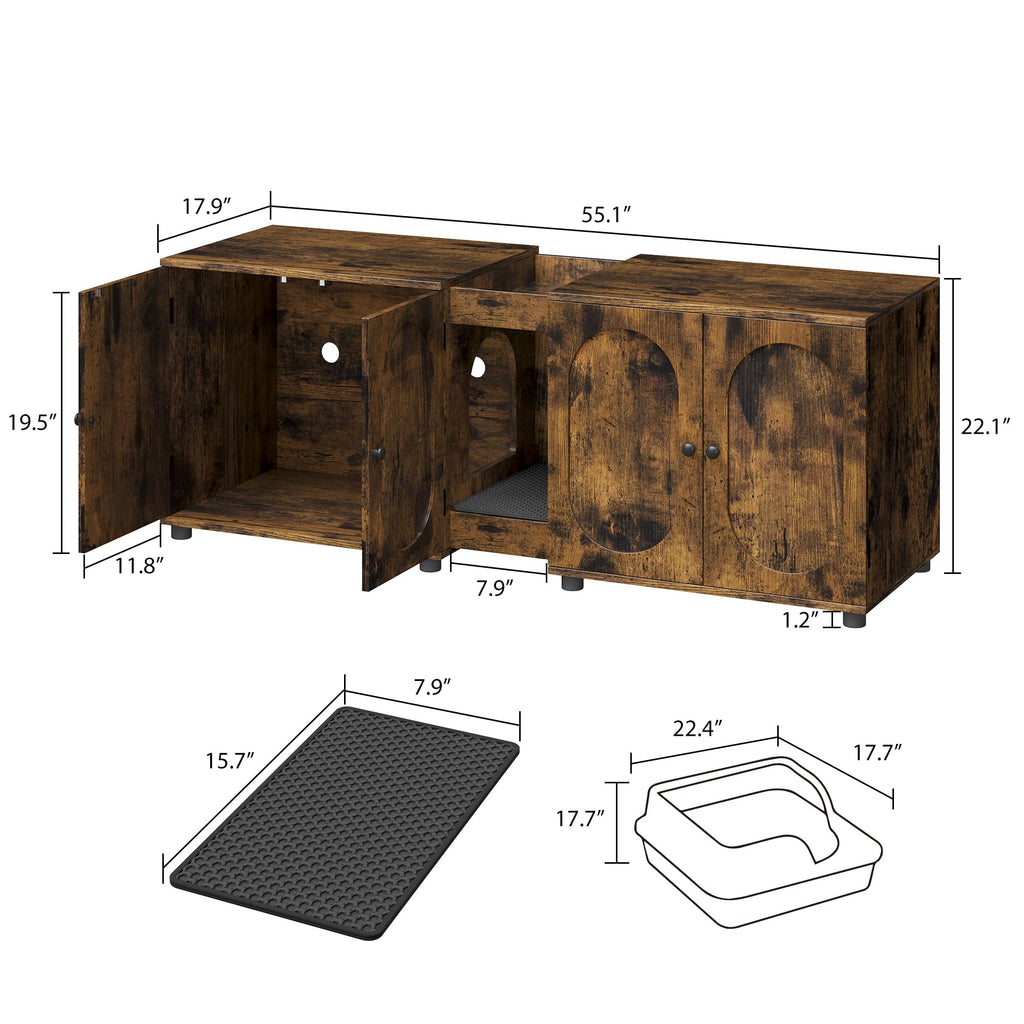 Garvee Cat Litter Box Enclosure, 55.1" Double Litter Box Furniture Large Cat Box Enclosure Kitty Litter Box for 2 Cats Hidden Cat Litter Cabinet Double Cage with Cat Litter Pad, Retro | Oval