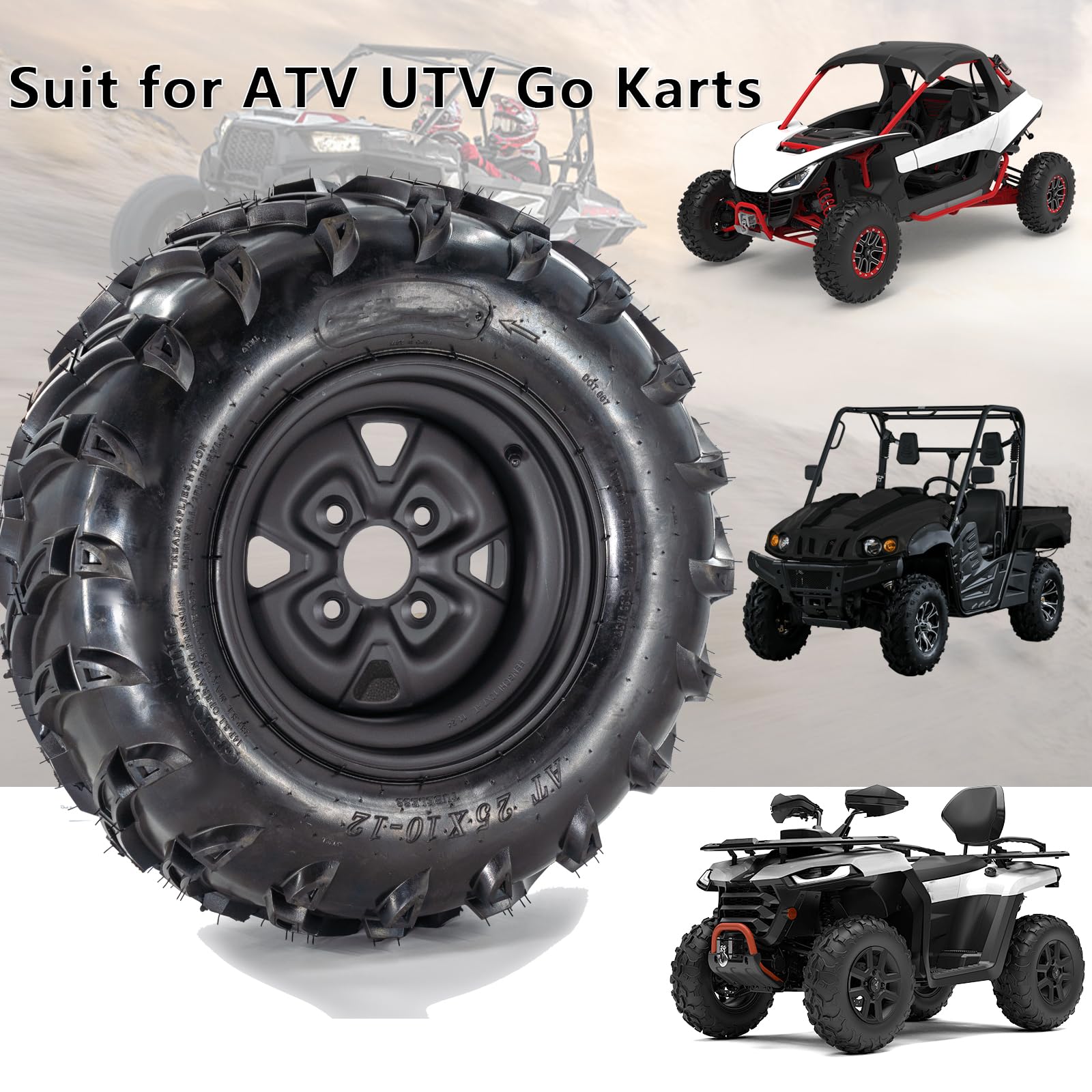 Garvee Set Of 2 25x10-12 ATV Tires With 12" Wheel Rim 4 Bolt All-Season Off-Road Mud Sand Terrain Black