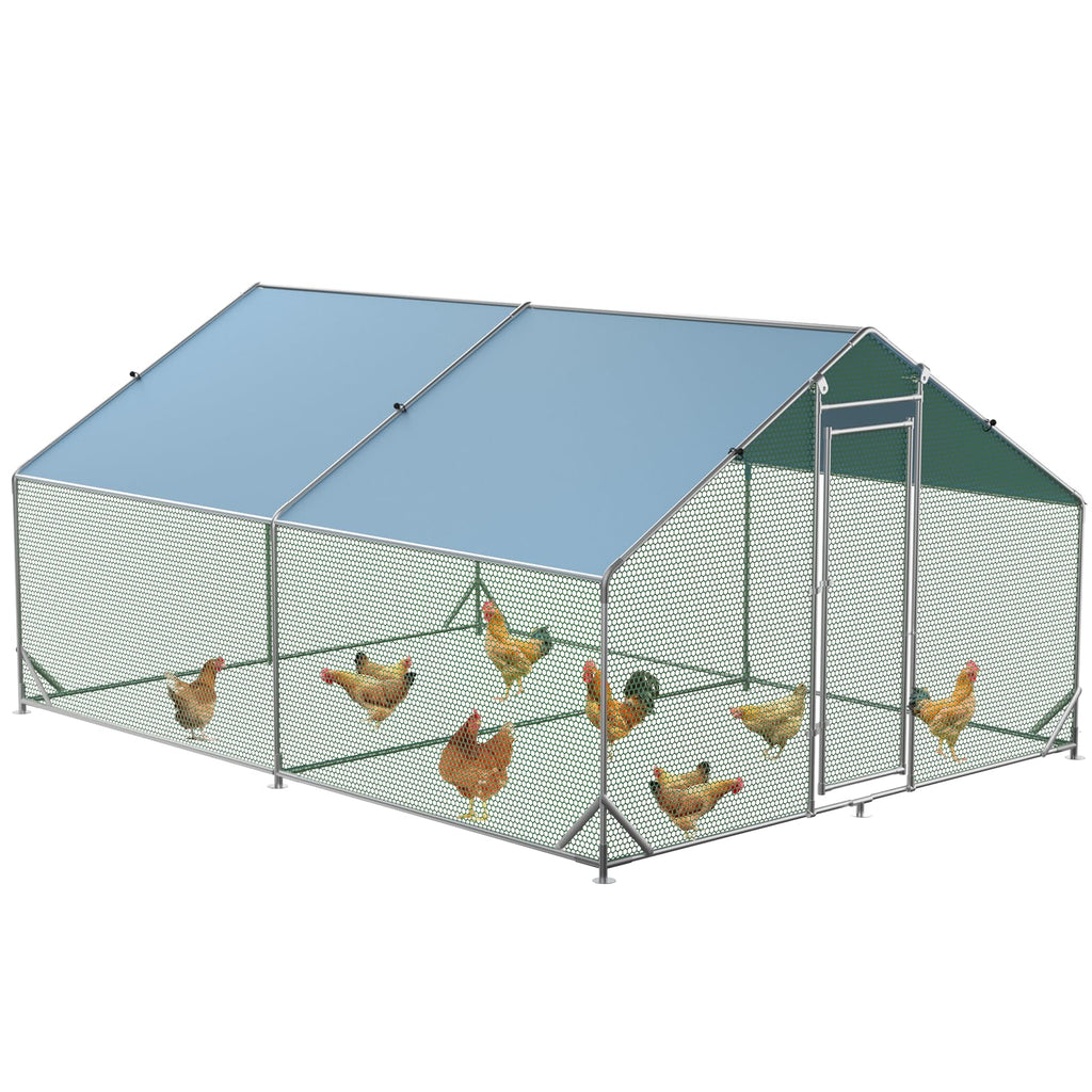 Garvee Chicken Run 9.8'x13'x6.4', Large Metal Chicken Coop Heavy Duty Hen House with Waterproof Anti-Uv Cover for Outdoor Chicken Pens with Reforced Tri-Supporting Steel Frame, Silver, Spire Roof