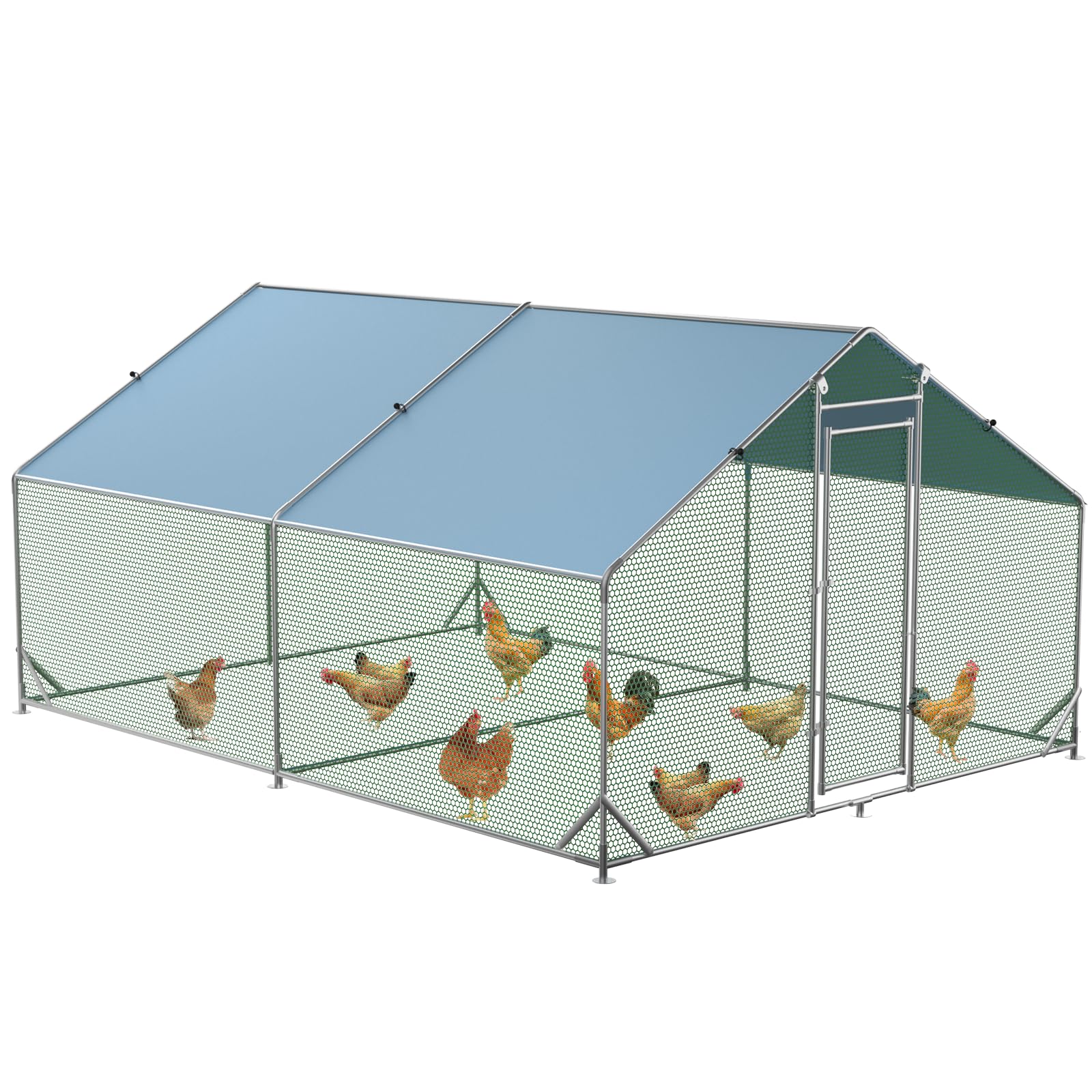 Garvee Chicken Run 9.8'x13'x6.4', Large Metal Chicken Coop Heavy Duty Hen House with Waterproof Anti-Uv Cover for Outdoor Chicken Pens with Reforced Tri-Supporting Steel Frame, Silver, Spire Roof