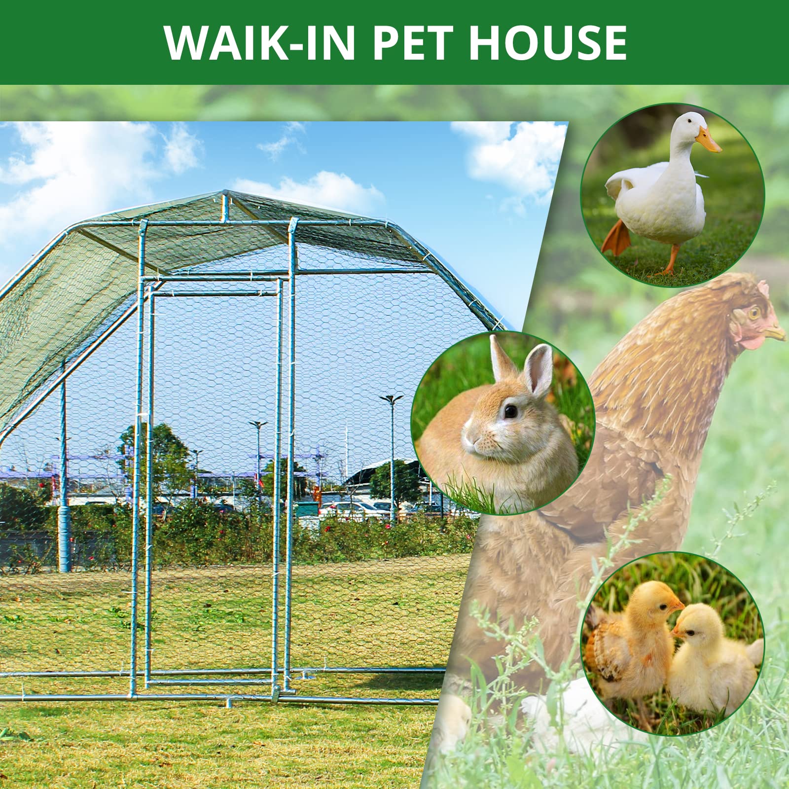 Garvee Large Walk-In Chicken Coop - 9.5'x6.5'x6' Galvanized Metal Poultry Cage w/Waterproof UV Cover for Hens, Ducks, Rabbits