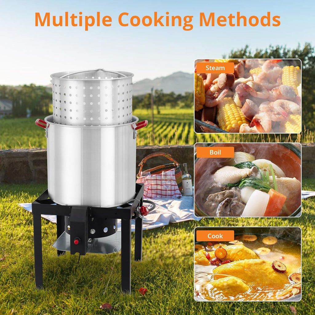 Garvee 80Qt Crawfish Boiler with Steam & Boil Basket, Strainer - 110,000 BTU Propane Jet Burner, Support Rack, Lifting Hook & 0-10 PSI Regulator