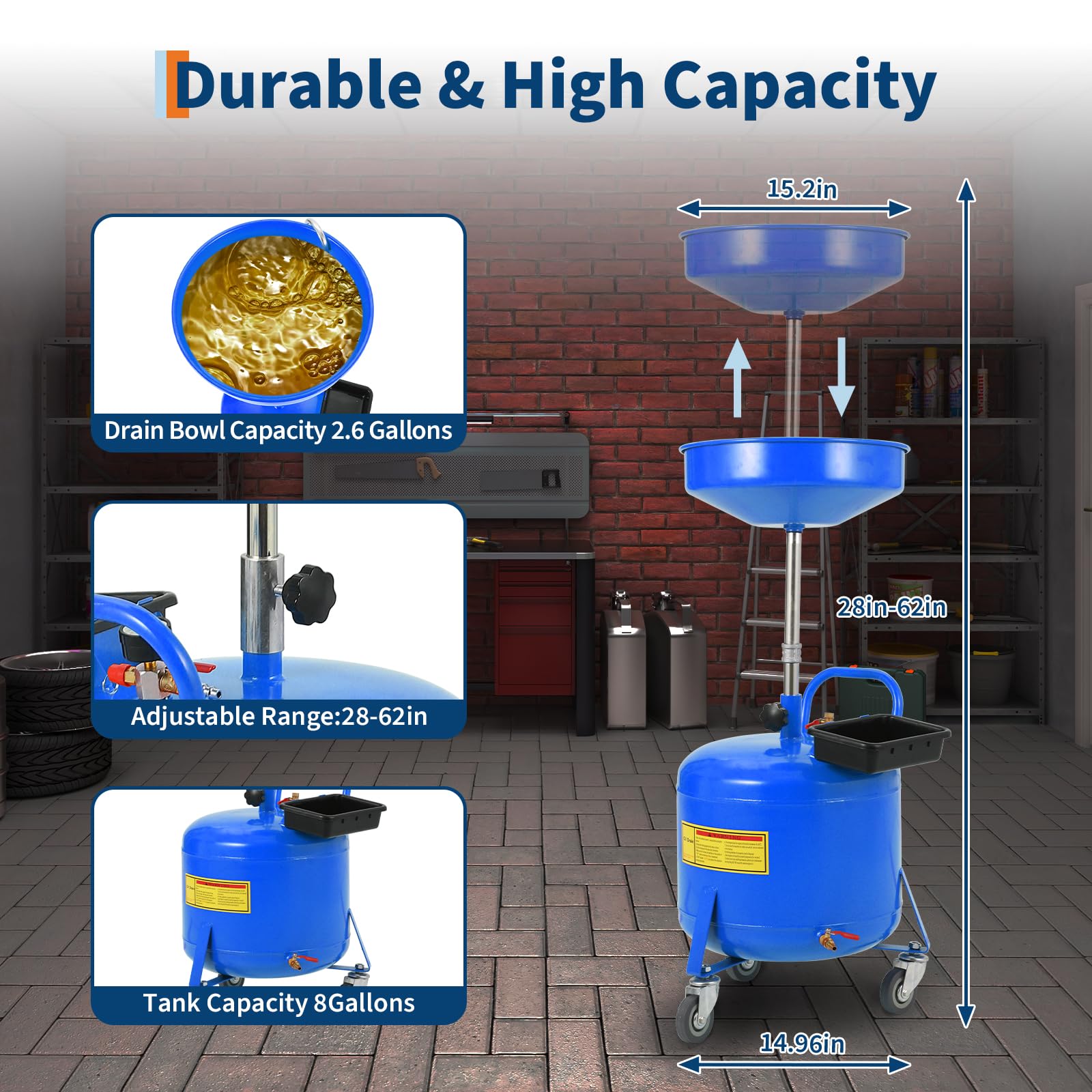 Garvee 8 Gallon Oil Drains Container Tank With 15 in Funnel, Adjustable Height 28"-62", Heavy-Duty Rust-Proof Wheels, Built-in Toolbox for Auto Repair, Blue
