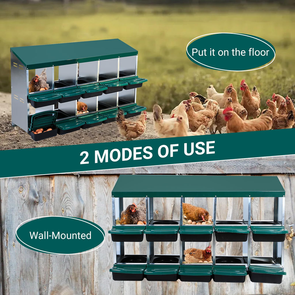 Garvee Nesting Boxes for Chickens, 10 Compartment Roll Away Nesting Box with Egg Collection, Perch, Lid Cover for Egg Protection, Wall Mount/Free Standing Nest Box for Chickens