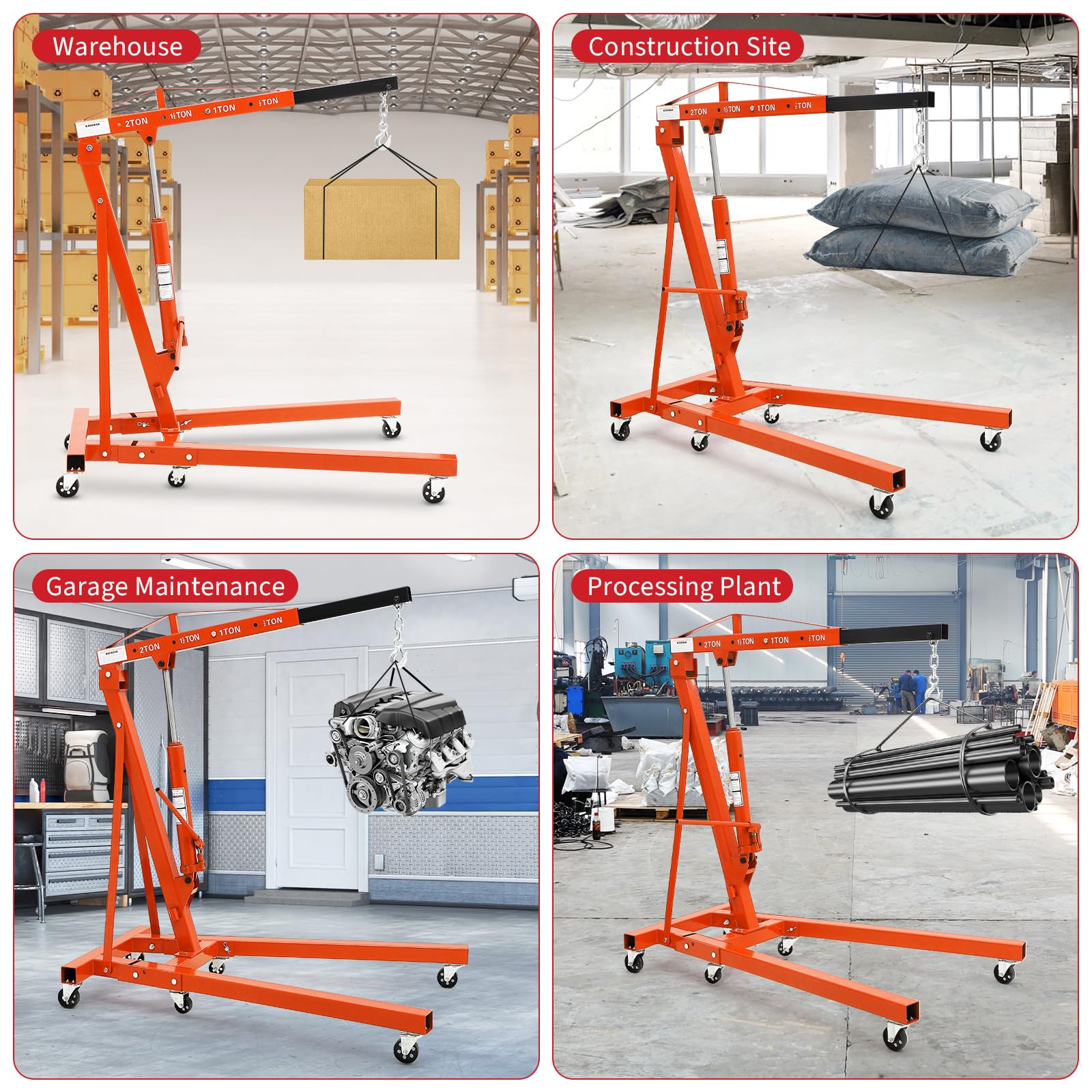 Garvee 2-Ton Folding Engine Hoist - Cherry Picker Hydraulic Shop Crane with 4400 lbs Capacity, Orange