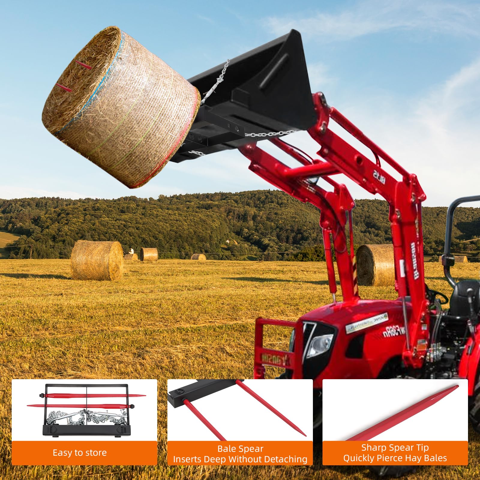 Garvee 49" Hay Spear, Double Spear Bale Spear 4000lbs Loading Capacity Hay Spear Attachment Skid Steer Loader Tractor Bucket Attachment Quick Attach for Bobcat Tractors